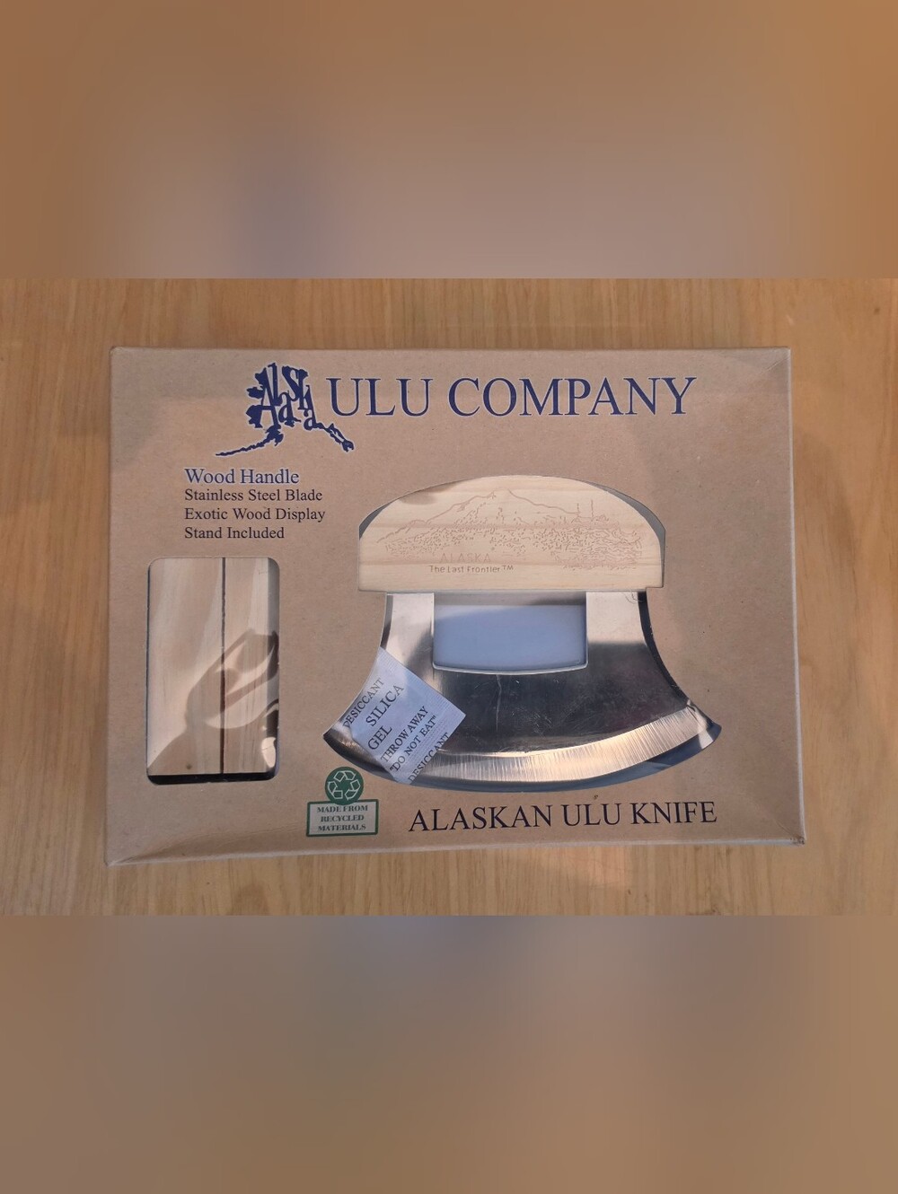 Alaska Ulu Company Knife Stainless Steel Blade Wood Handle & Stand Souvenir New